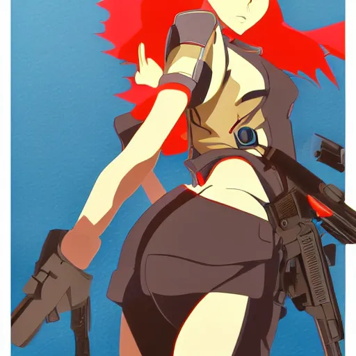 Prompt: stunning police woman pointing gun, cinematic shot, animation cel for anime movie, designed by haruhiko mikimoto, studio trigger, gainax, intense colors, trending on artstation, fan favorite design