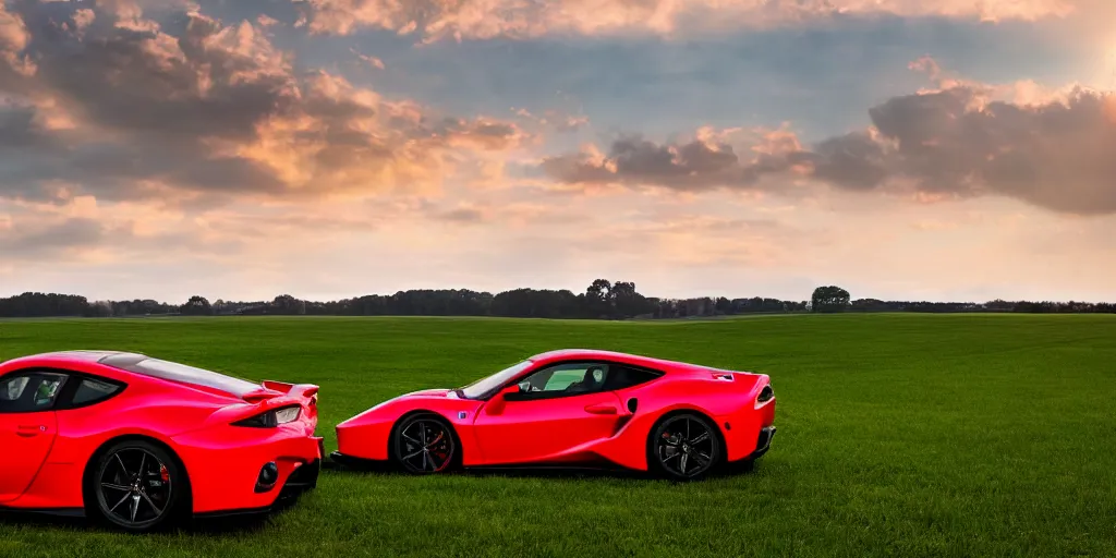 Image similar to cinematic fast sportscar reminiscent of toyota, ferrari and porsche in a lush field, shiny, red, beautiful lighting, photorealistic, sharp, sunset, by scott robertson