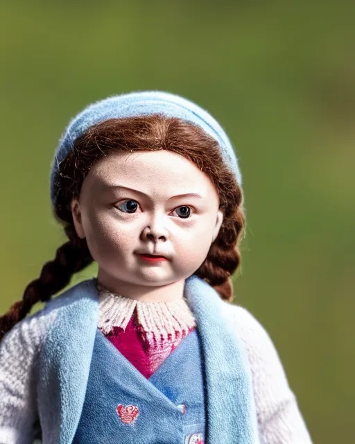 Image similar to high quality presentation photo of a cute greta thunberg porcelain doll, photography 4k, f1.8 anamorphic, bokeh, 4k, Canon, Nikon