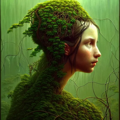 Prompt: a portrait of a girl covered in overgrown vines, face, intricate, digital painting, artstation, intricate, concept art, smooth, sharp focus, illustration, art by Zdzislaw Beksinski