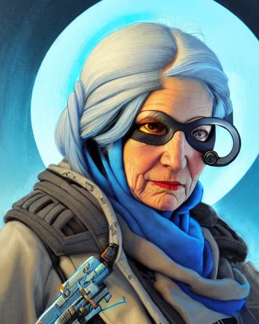 Image similar to ana from overwatch, eye patch, white hair, hooded blue cloak, older woman, character portrait, portrait, close up, concept art, intricate details, highly detailed, vintage sci - fi poster, in the style of chris foss, rodger dean, moebius, michael whelan, and gustave dore