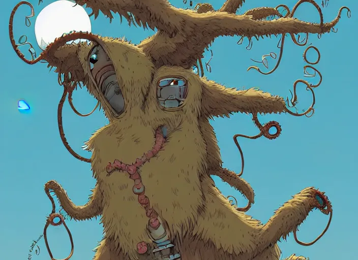 Prompt: a cell shaded cartoon of a lovecraftian mechanized sloth from howl's moving castle ( 2 0 0 4 ), hanging on a tree branch, in front of a pale full moon, full body, wide shot, very dull muted colors, studio ghibli, laurie greasley, highly detailed, deviantart, art by artgem