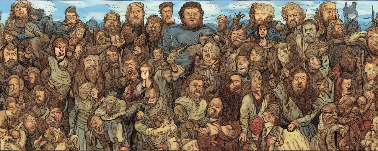 Prompt: game of thrones, color comic by r crumb, hyperrealism