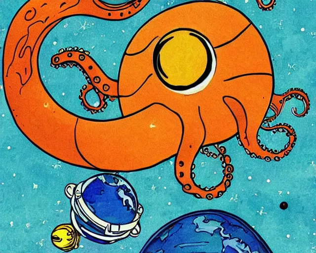 Image similar to an artist’s interpretation of an octopus in a space suit, floating in space next to a space shuttle, the earth planet in the background
