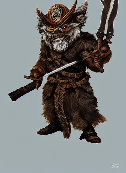 Image similar to bugbear ranger holding a fire sword, exquisite details, black beard, white background, by studio muti