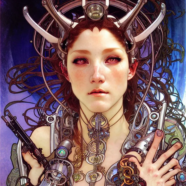 Prompt: realistic detailed face portrait of a beautiful futuristic priestess in alien cyberpunk armor by alphonse mucha, ayami kojima, amano, greg hildebrandt, and mark brooks, female, feminine, art nouveau, cyberpunk, neo - gothic, gothic, character concept design