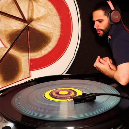 Prompt: in a night club, a disc jockey with headphones playing music from a turntable that has an Israeli pita bread instead of a record