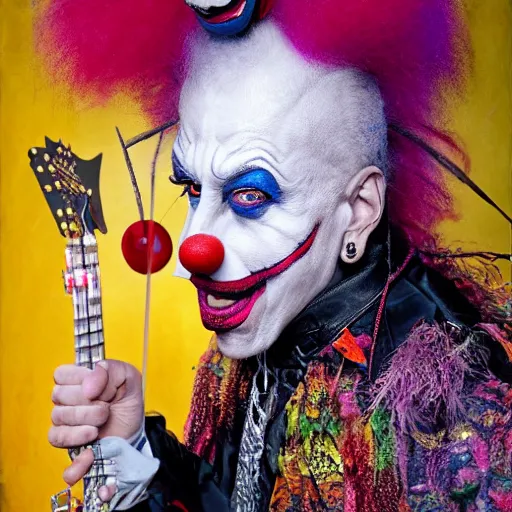 Image similar to UHD hyperrealistic Dee Snider dressed as a clown playing electric guitar, with intricate clown makeup, by Antonio Caparo and Ferdinand Knab and Greg Rutkowski UHD photorealistic trending on artstation