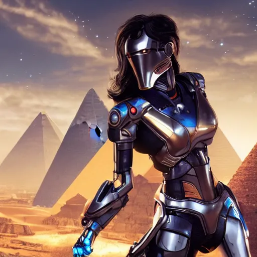 Image similar to a woman hero in a themed futuristic metal suit, super hero, armor, sleek, beautiful face, cinematic pose, sci - fi, egypt themed art, photorealistic, 8 k, pharah, ultron, concept art, extremely detailed