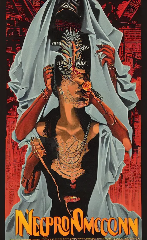 Image similar to 8 k cursed with necronomicon horrorcore cel animation poster depicting dominican woman with sharp nails, intricate faces, metropolis, 1 9 5 0 s movie poster, post - processing, vector art