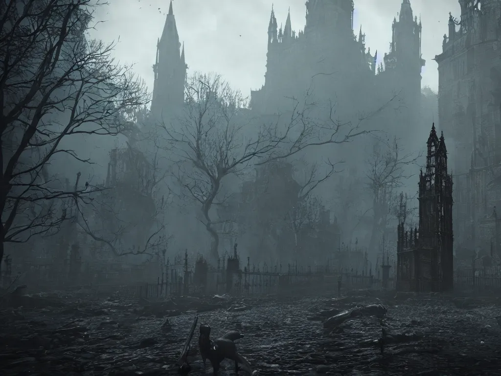 Image similar to bloodborne 2, dark, nighttime, victorian england style, horror, grotesque, serene, haunting, High Definition detail, 8K