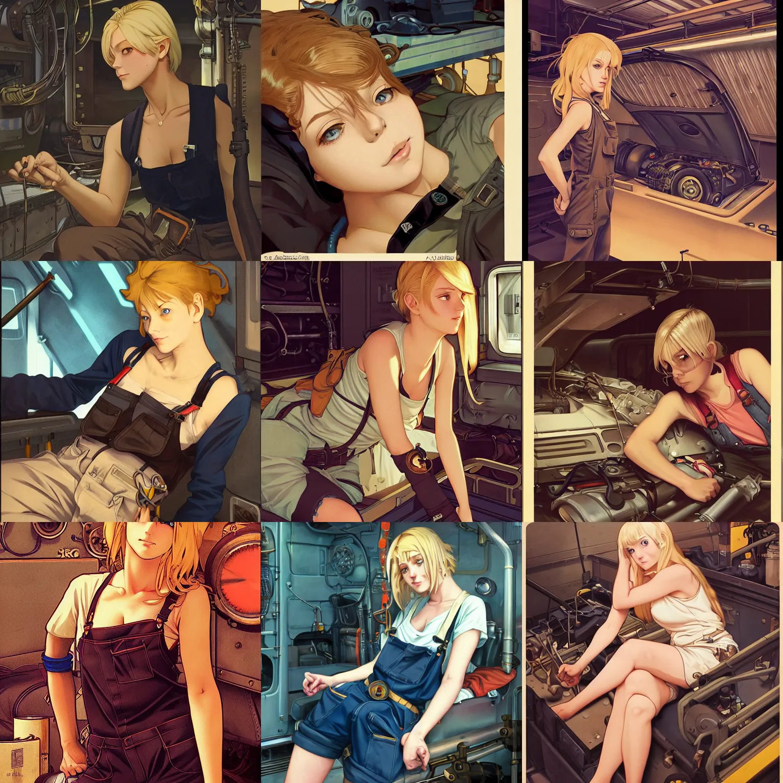 Prompt: portrait of a mechanic lying within a cramped and dimly lit bunk, blonde, tank top, overalls, steampunk, highly detailed, cel shading, digital painting, anime key visual, by ilya kuvshinov and artgerm and alphonse mucha