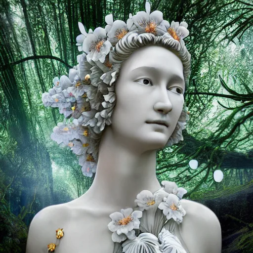 Image similar to a fully dressed idealistic marble statue with beautiful porcelain face with fractal flowery hair in a fractal garden, glowing delicate flower and mushrooms that grow in a dark fatansy forest on the planet pandora,, symmetrical,