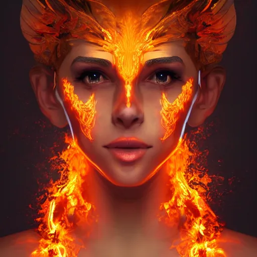 Prompt: A stunning portrait of a goddess, her body made of flames, 8K UHD, intricate, fantasy, Trending on artstation.