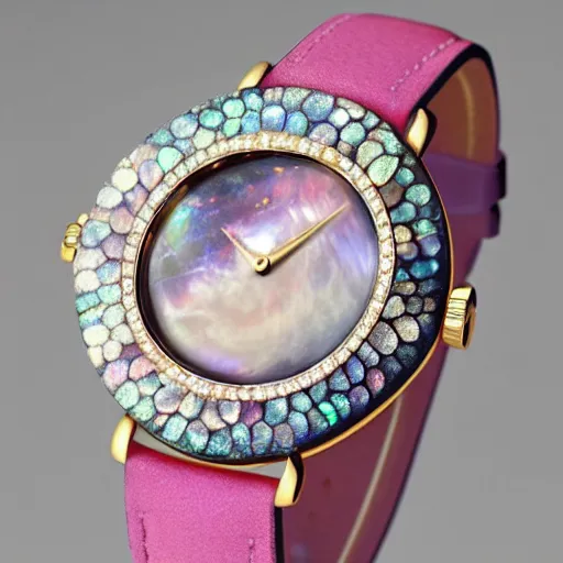 Prompt: astronomical watch made of pink mother - of - pearl and encrusted with opals