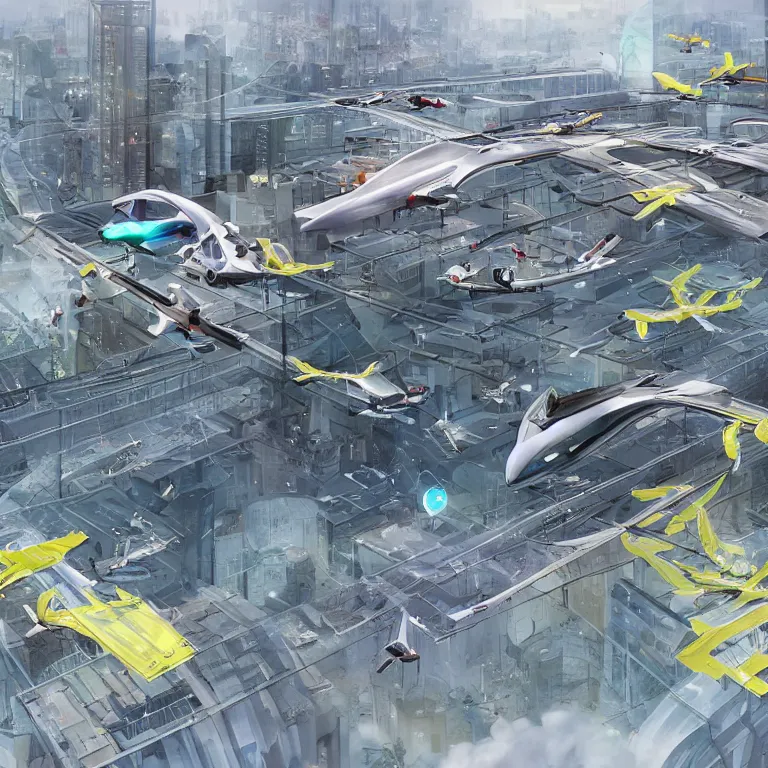 Image similar to flying cars in the city some stop at stations, concept art