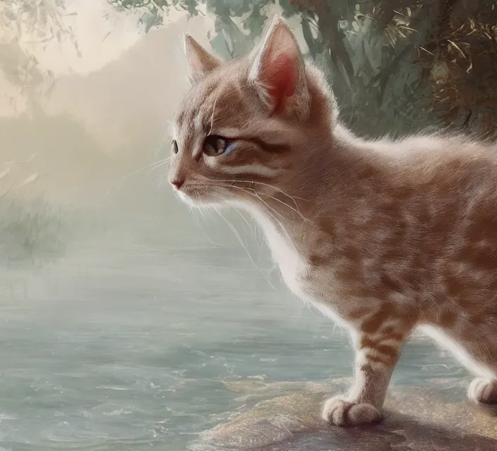 Prompt: a painting of a cute light beige brown kitten at a river. fur pattern. character design by cory loftis, fenghua zhong, ryohei hase, ismail inceoglu and ruan jia. volumetric light, detailed, rendered in octane