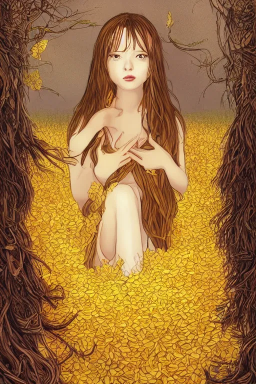 Image similar to The goddess of autumn harvest, tranquility, beautiful face, long hair, wearing wheat yellow gauze, comic style, by wlop