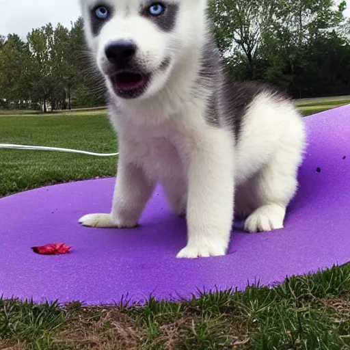 Prompt: a husky puppy playing in the sprinkler on the lawn