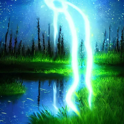 Image similar to a glowing magical sparkling swamp, firefly, dark, night, peaceful, digital painting.