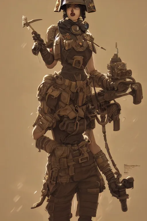 Image similar to dieselpunk soldier girl, helmet, shoulders, chest, portrait, desert, armored, highly detailed, sharp focus, art, illustrations by wlop and ayanamikodon and irakli nadar and loish and rossdraws, frostbite engine