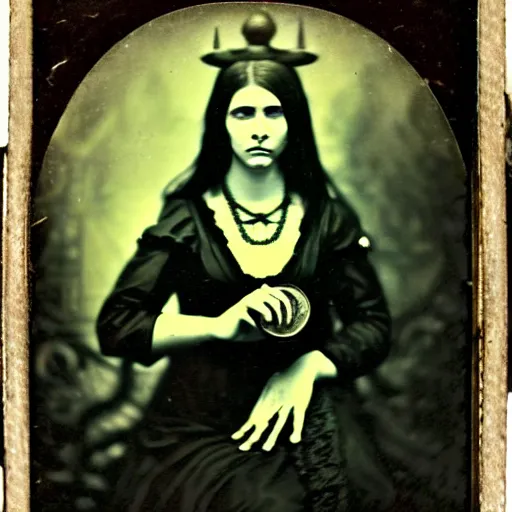 Prompt: daugerreotype of cthulhu high priestess. ambrotype of occult priestess. tintype of a beautiful woman. priestess of dagon. cursed priestess. daugerreotype. baroque frame