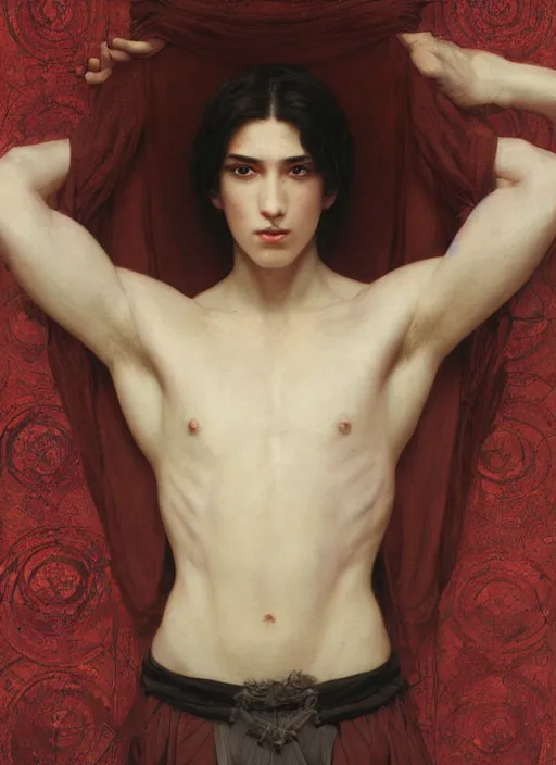 Prompt: character concept portrait of an attractive young seductive Spanish wizard with pale red skin enchanting a arousal spell, a floating iridescent spell book in the center, intricate, elegant, digital painting, concept art, smooth, sharp focus, illustration, from Metal Gear, by Ruan Jia and Mandy Jurgens and William-Adolphe Bouguereau, Artgerm
