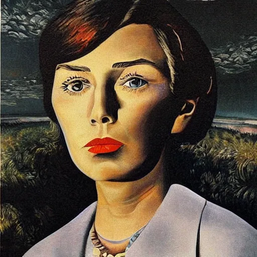 Prompt: very very beautiful surreal detailed portrait of young hillary clinton, painted by max ernst
