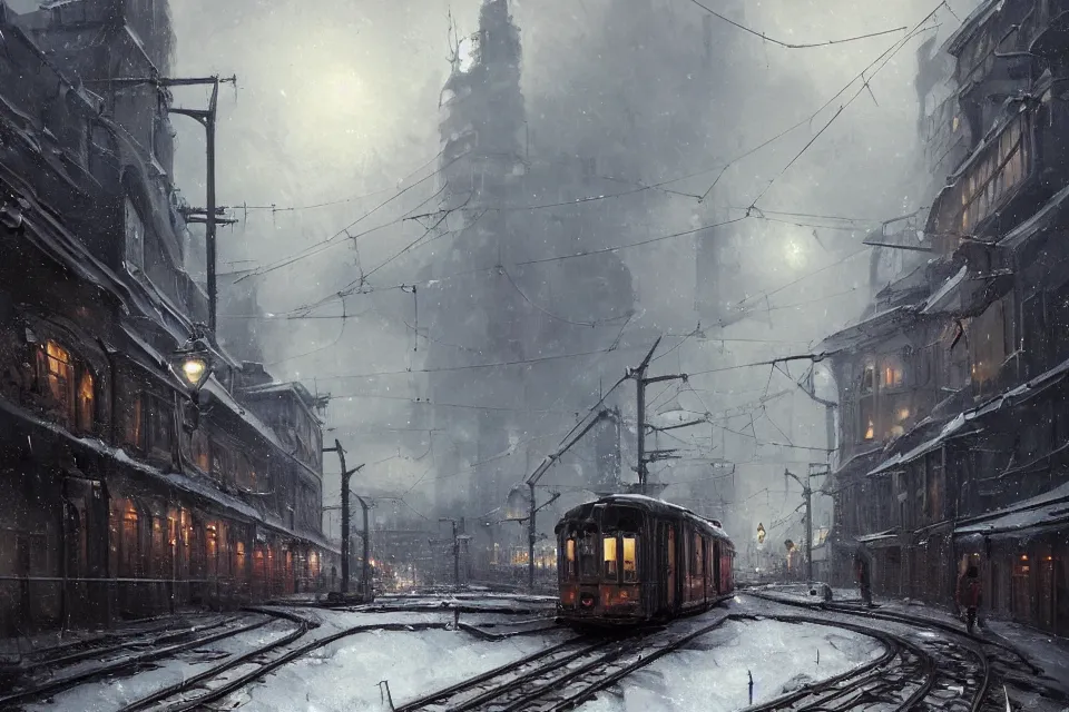 Image similar to highly detailed painting of dieselpunk stockholm, winter, snow, tram on rail tracks, dystopia, by greg rutkowski, by raphael lacoste, 4 k resolution, trending on artstation