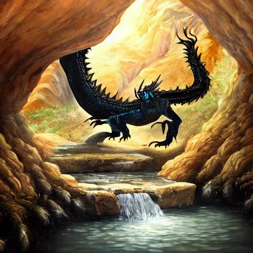 Image similar to highly detailed oil painting of a hotspring in a quartz cave with a black dragon sitting in the middle of it