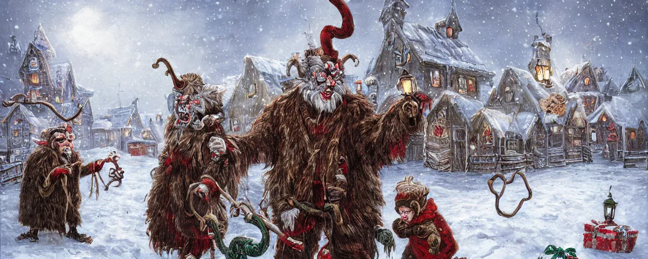 Image similar to Victorian Krampus in a snowy christmas village by antoni piotrowski