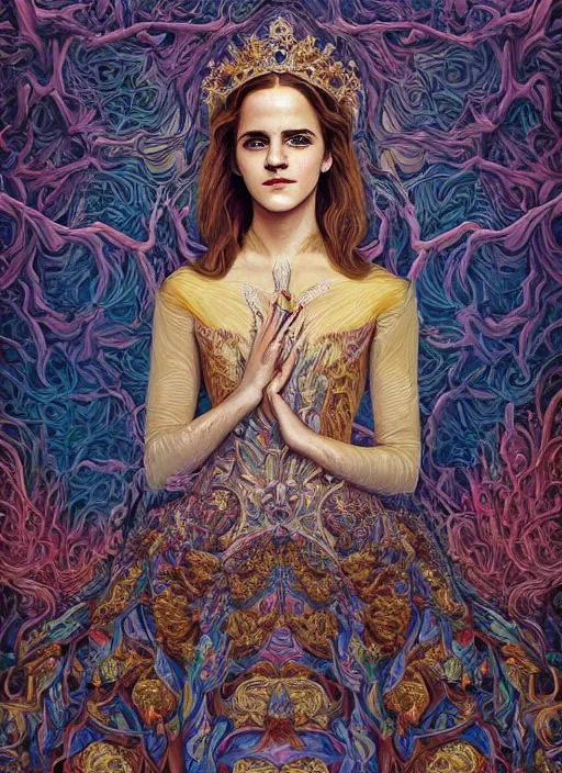 Image similar to beautiful oil painting, full length portrait of Emma Watson in baroque coronation robes 1701, Dan Mumford, Dan Mumford, Alex grey, Alex grey, highly detailed , lsd visuals, dmt fractal patterns, hallucinogen, visionary art, psychedelic art, ornate, vaporwave, baroque