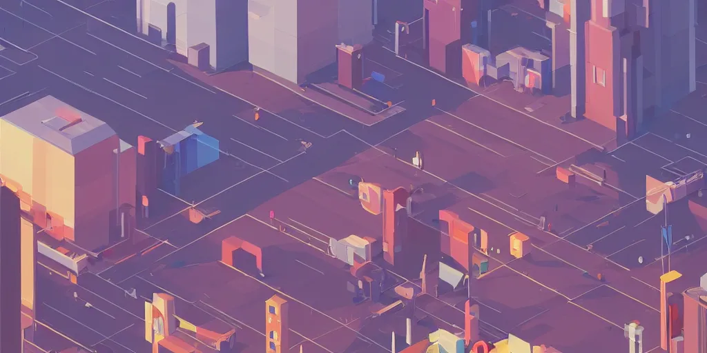 Prompt: a beautiful picture of a city with a closeup of a street, a matte painting by james gilleard, minimalist design, geometric lines, pixiv contest winner, retrofuturism, cityscape, 2 d game art, low poly