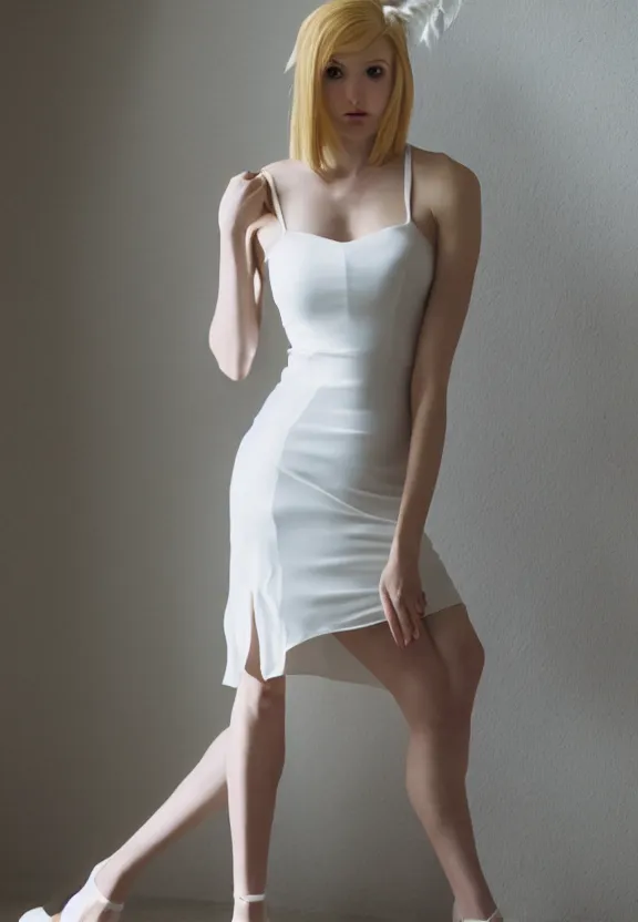 Image similar to photo of gorgeous seductive tall emily skinner cosplaying annie leonhart wearing open toe heels, wearing tight white dress, in a white room, beautiful face, pale skin, rule of thirds, cinematic lighting, sharp focus, backlit, stunning, smooth, hard focus, full body shot, studio photo, shot on sony a 7 iii