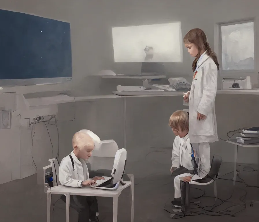 Image similar to a portrait of single smart child in a white coat in front of a computer and screens in a painting from stalenhag, 4 k, 8 k, hdr, artstation