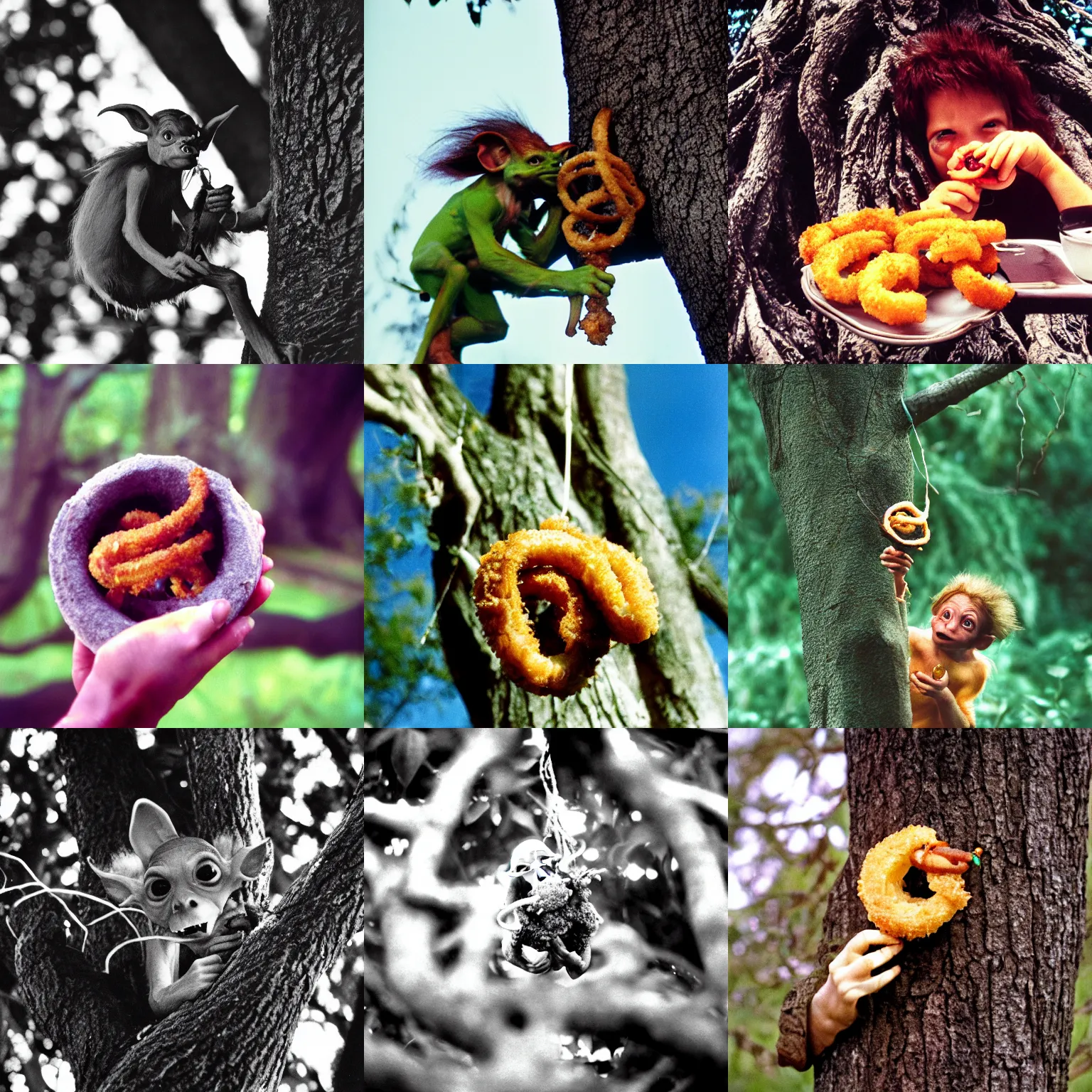 Prompt: goblin, a goblin eating onion rings in a tree, goblin, 3 5 mm photograph goblin