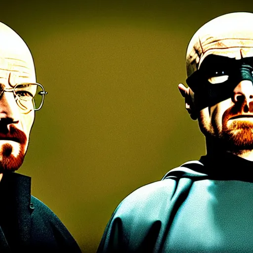 Prompt: Walter White and Jesse pinkman as Batman and Robin, 8k, high definition, highly detailed, photo realistic