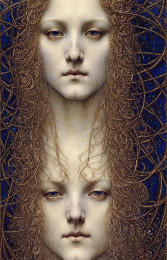 Image similar to detailed realistic beautiful young medieval queen face portrait by jean delville, gustave dore and marco mazzoni, art nouveau, symbolist, visionary, gothic, pre - raphaelite. horizontal symmetry