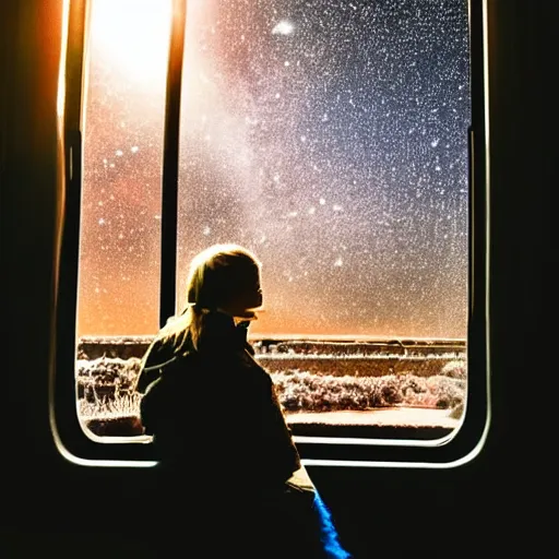 Image similar to a beautiful woman sitting in a train and looking outside of window seeing a milky way