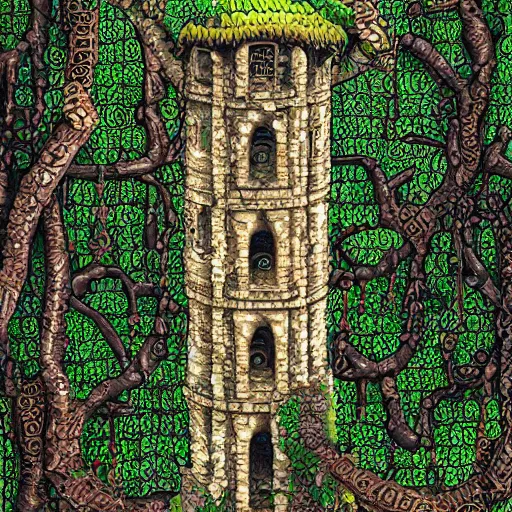 Image similar to ruins of a tower covered in creepers, beautiful, intricate, detailed, digital art painting