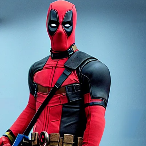 Image similar to film still, Bob Ross in deadpool suit