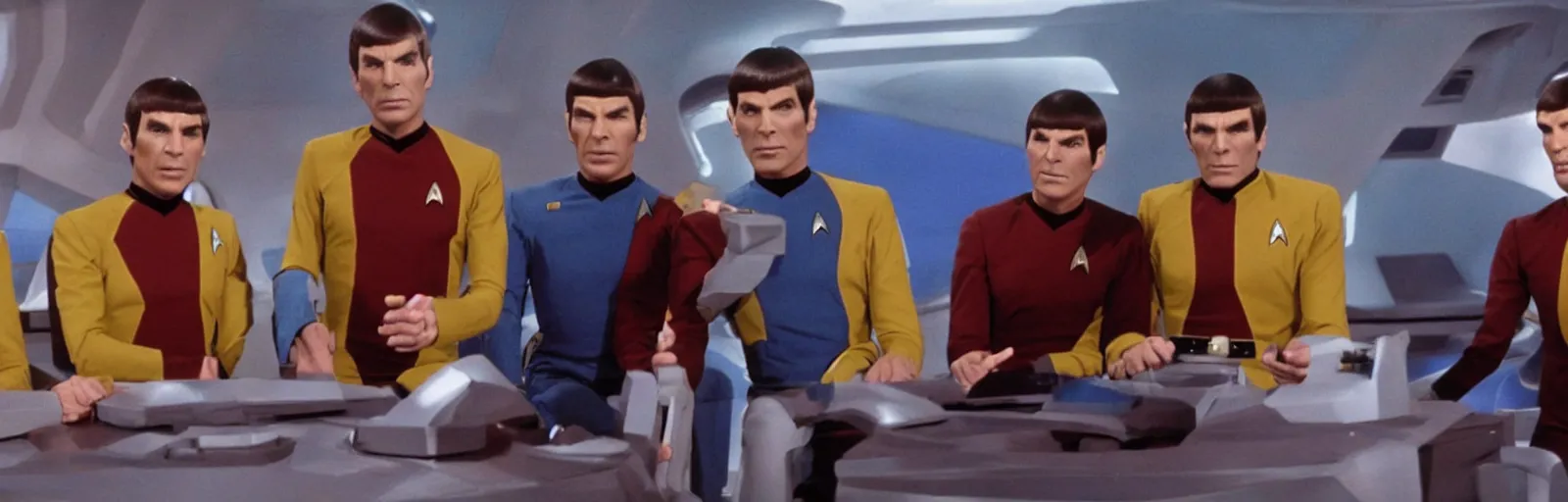 Image similar to a screencap of captain kirk, mr. spock and doctor mccoy on the bridge of the enteprise, in star trek the original series