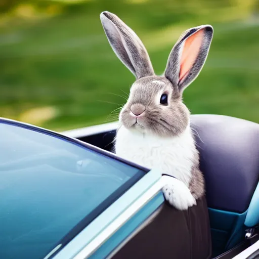 Image similar to a cute bunny driving a convertible, studio photo, high quality