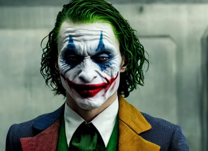 Image similar to film still of ezra miller as the joker in the new batman movie, 4 k