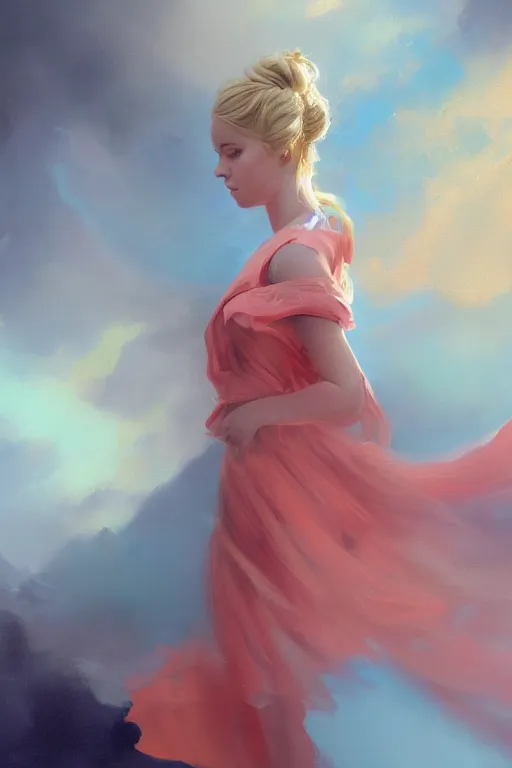Prompt: an epic painting of a young girl, complete figure view, golden blonde hairstyle, subject wearing a navy blue dress, flowing, ornate, kawaii, beautiful, coral red, mint, taupe, with few baby blue highlights, cinematic light, volumetric shading, by Greg Rutkowski and Jeremy Mann, trending on Artstation, 80mm lens, oil on canvas