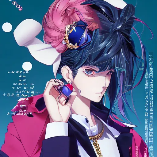 Image similar to Magazine Cover Anime key visual of a Gucci girl; official media; typography; drawn by Hirohiko Araki; Jojo's Bizarre Adventure; Jojolion, portrait, made by Stanley Artgerm Lau, WLOP, Rossdraws, James Jean, Andrei Riabovitchev, Marc Simonetti, Yoshitaka Amano, ArtStation