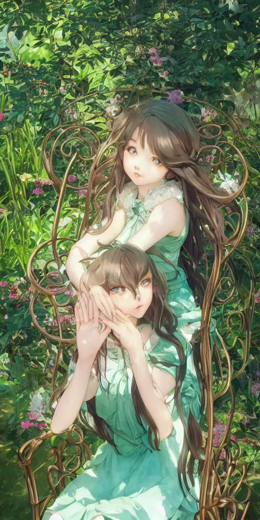 Image similar to a close up of a loli with long hair in a dress sitting on a metal garden chair in the privet garden at afternoon, green and warm theme, back lighting, by krenz cushart and mucha and akihito yoshida and greg rutkowski and studio ghibli, detailed eyes, 4 k resolution, trending on art station