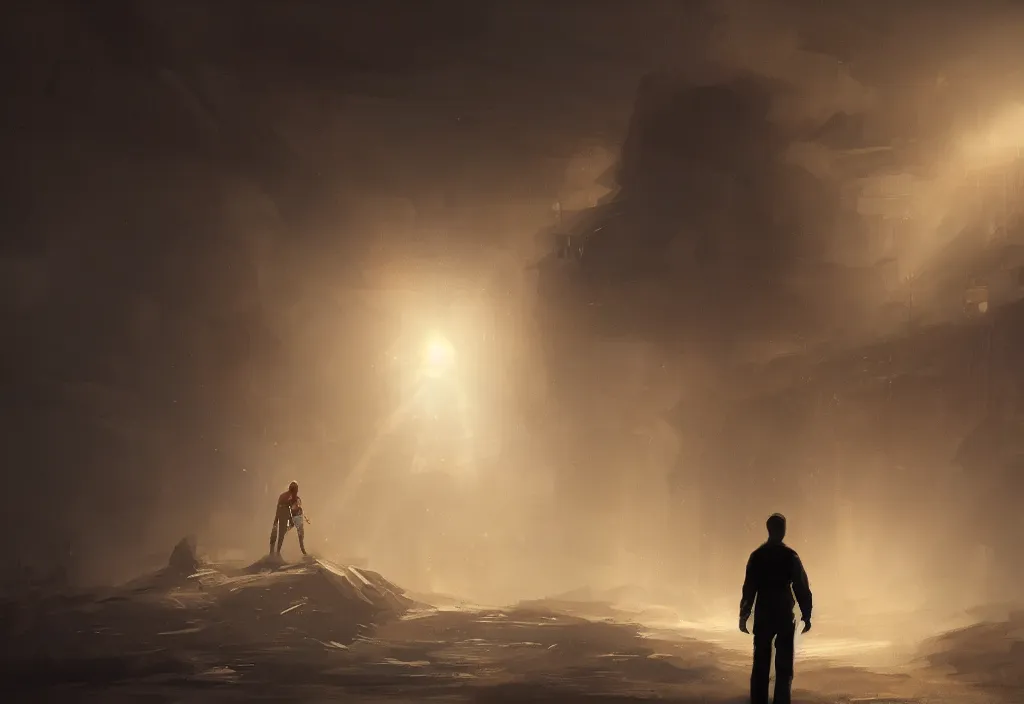 Prompt: concept art of tiny man in front of giant, volumetric lighting, cinematic, masterpiece, artstation