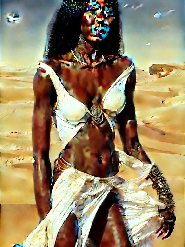 Prompt: Portrait of Naomi Campbell in the Libyan desert, white skirt and barechest, intricate, elegant, highly detailed, artstation, concept art, intricate, highly detailed, sharp focus, ruan jia, jurgens, orientalism, bouguereau, art by Artgerm and Peter Mohrbacher and Fenghua Zhong