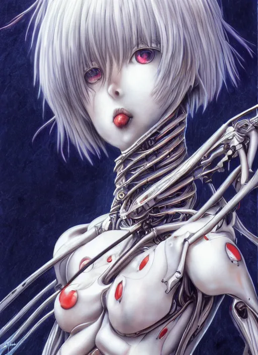 Image similar to Rei Ayanami by Yoshitaka Amano, by HR Giger, biomechanical, profile portrait, 4k, wide ayes, hyper detailed, hyperrealism, anime, a Blood Moon rising on a Broken World 4k very detailed deviantart artstation